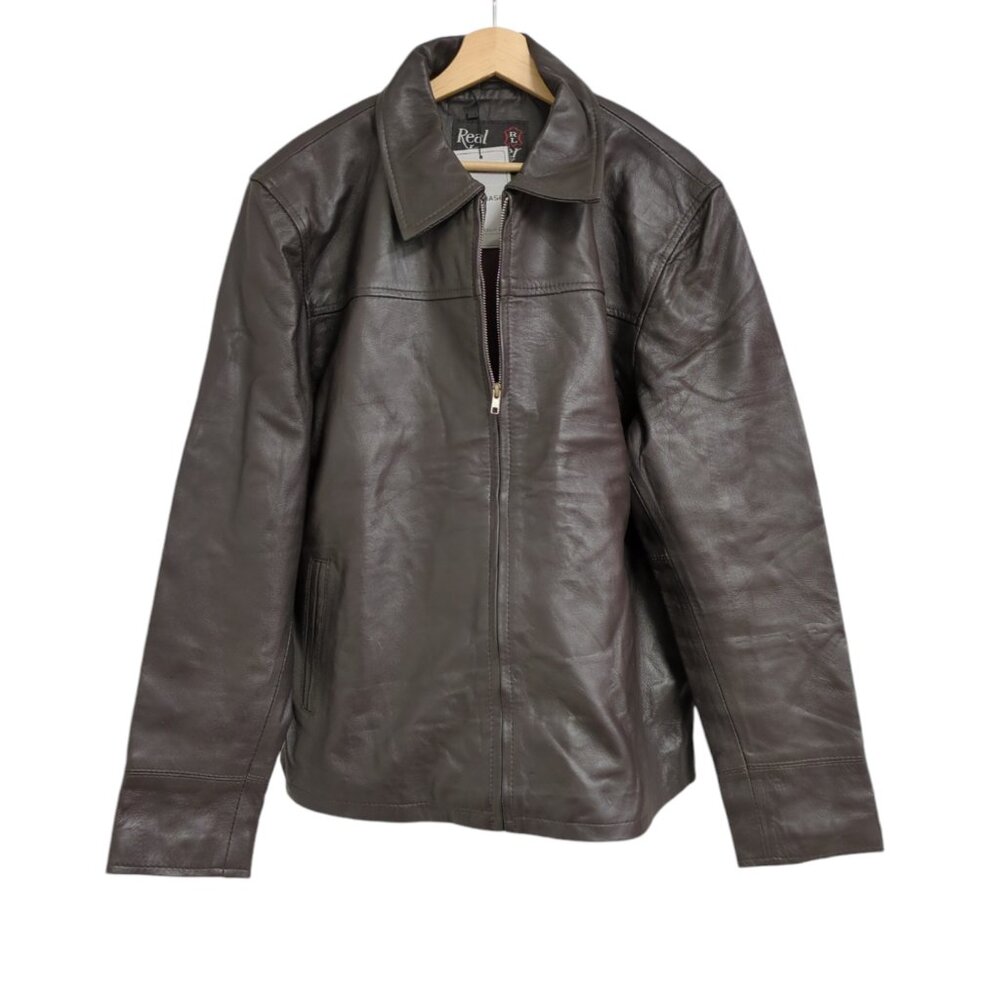 Real Leather Slit Pocket Brown Jacket Men's XL
